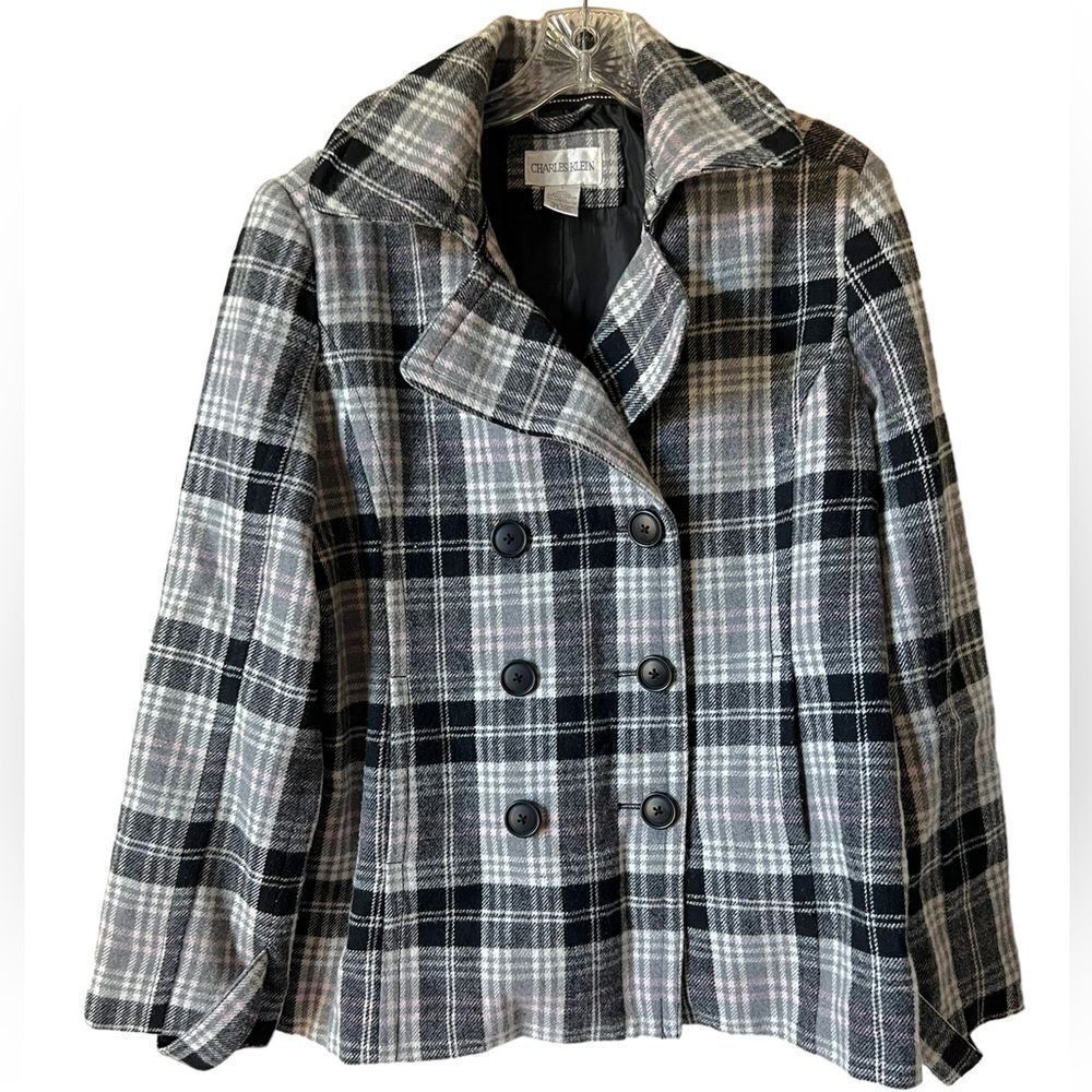 CHARLES KLEIN PREPPY PLAID WOOL BLEND PEACOAT
